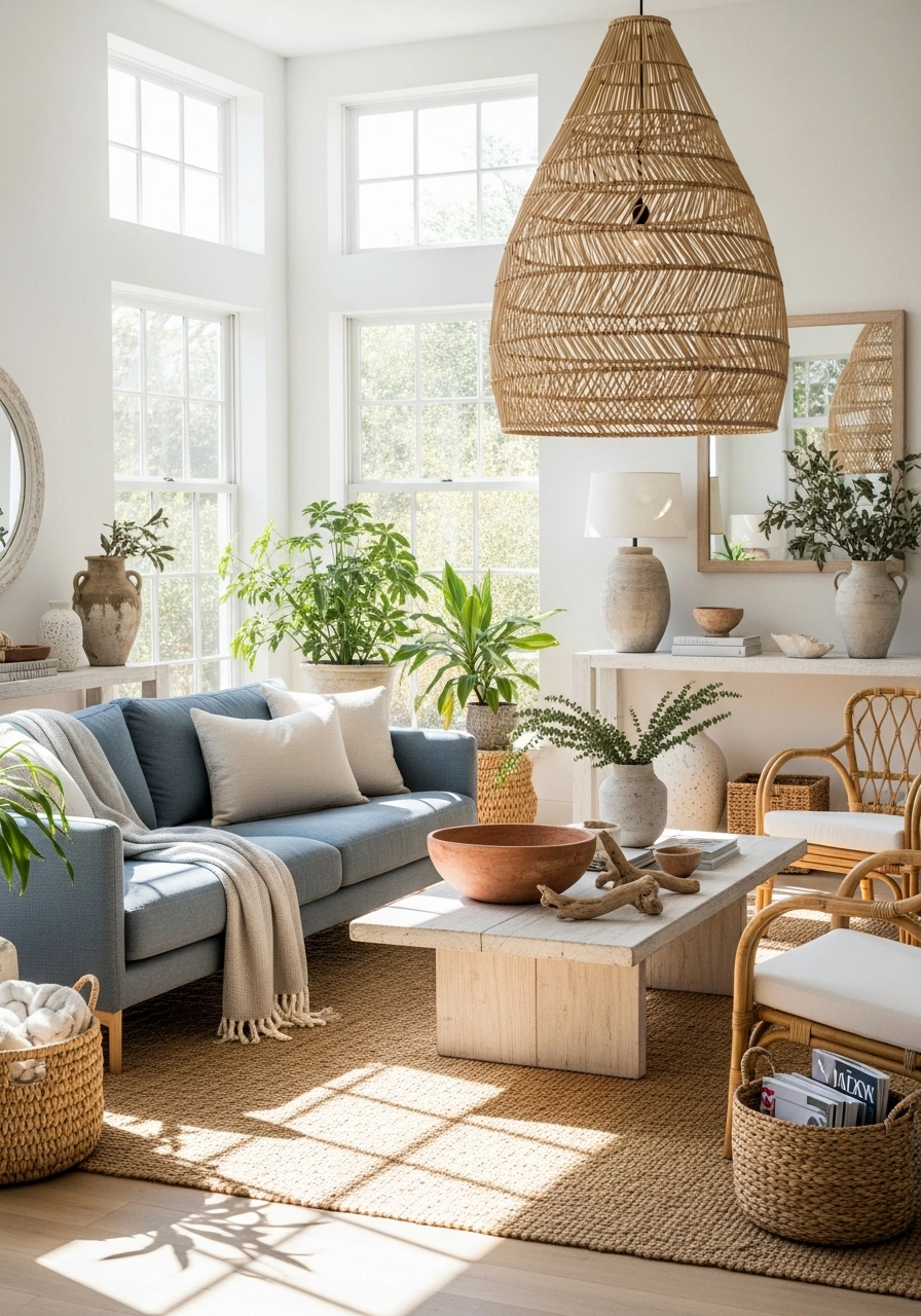 California Coastal Living Room — Curated California Coastal aesthetic with balanced natural daylight and organic wood textures.