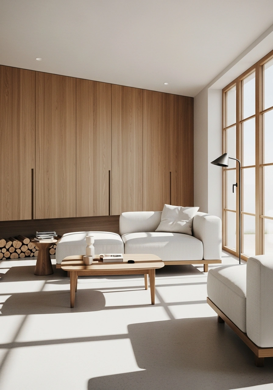Warm Minimalist Interior — Tactile linen textures, neutral organic tones, and soft ambient illumination.