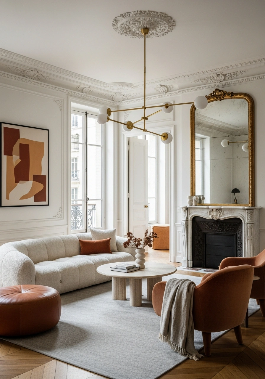 Modern Parisian Apartment — Neoclassical wall molding with contemporary curated furniture and subtle golden hour lighting.