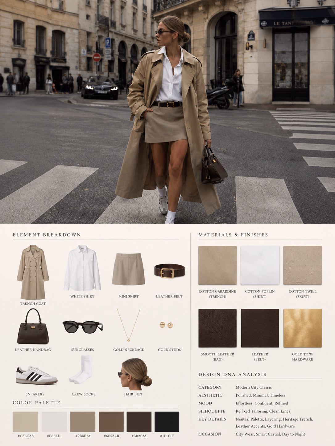 Fashion Look & OOTD Breakdown — Curated apparel, outerwear, footwear, accessories, and fabric breakdown extracted from fashion imagery.