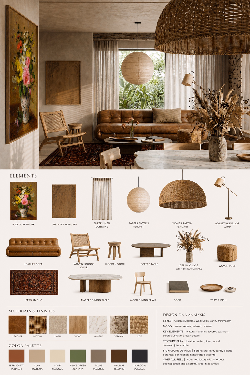 Interior Design Specification Board — AI breakdown isolating individual furniture, lighting, materials, and color palette from a room inspiration photo.